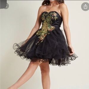 Modcloth Black tulle dress with Embroidered Peacock Design